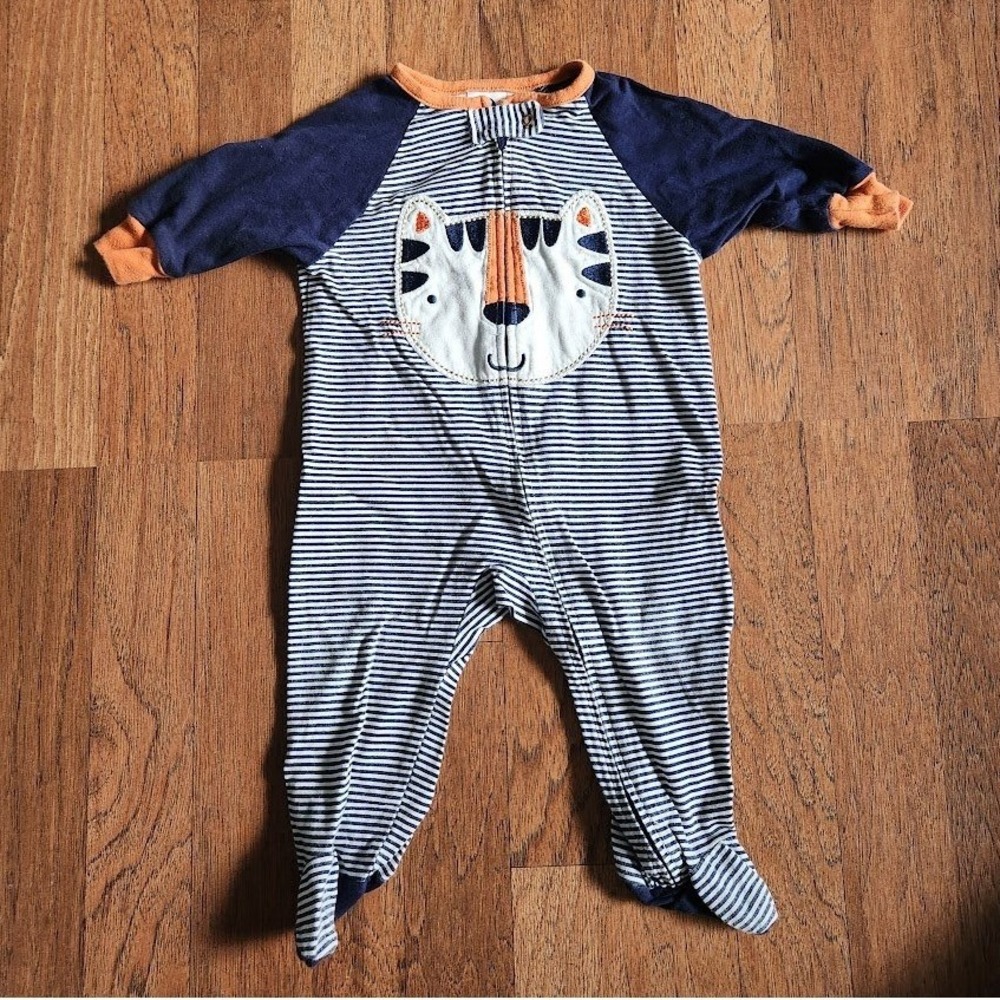 Gerber Baby Boys Tiger Footed Pajamas Navy White Striped Zip Up Sleeper 3-6M 424